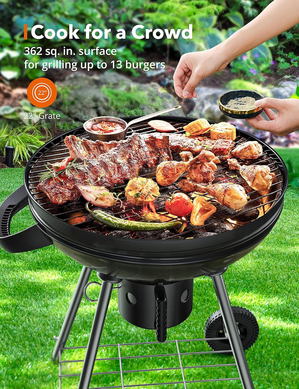 Charcoal BBQ Grill 22-Inch, Kettle Charcoal Grill with Lid Thermometer, Integrated Wheels, Plated Steel Grates, Slid Out Ash Catcher, Integrated Wheels, for Outdoor Cooking, Picnic, Patio, Backyard