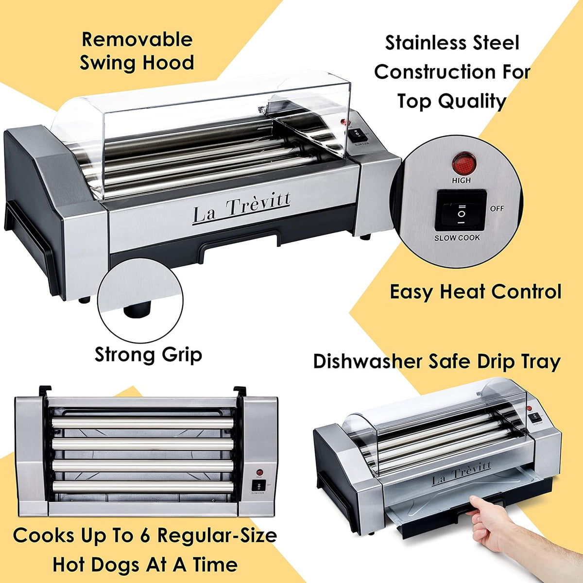 La Trevitt Hot Dog Roller- Sausage Grill Cooker Machine- 6 Hot Dog Capacity - Commercial and Household Hot Dog Machine for Family Use