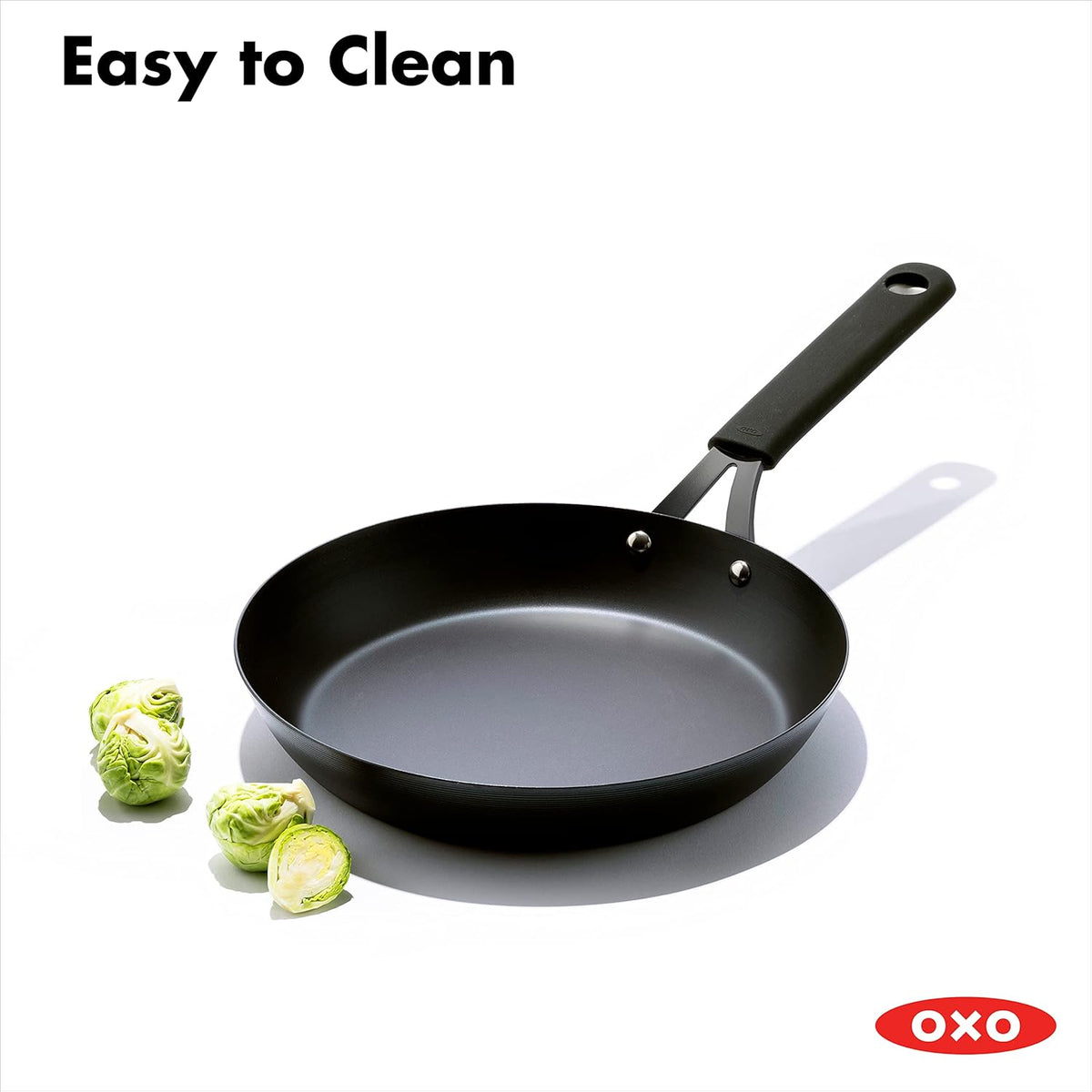 OXO Obsidian Pre-Seasoned Carbon Steel, 12 Wok Pan with Removable Silicone Handle Holder, Induction, Oven Safe, Black