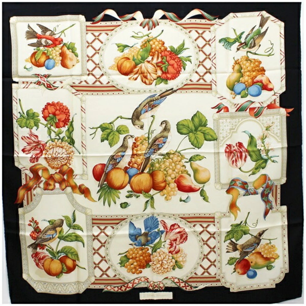 Pre-Owned Salvatore Ferragamo Ferragamo Silk Scarf Muffler Black x Ivory Tori Salvatore Women's (Good)