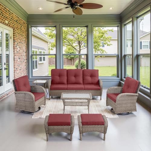 Patio Wicker Chairs Swivel Rocker - Outdoor Swivel Rocking Chairs Set of 2 with Rattan Side Table, Patio Swivel Glider Chair 3 Piece Patio Furniture Sets for Deck Porch Pool Brown/Blue