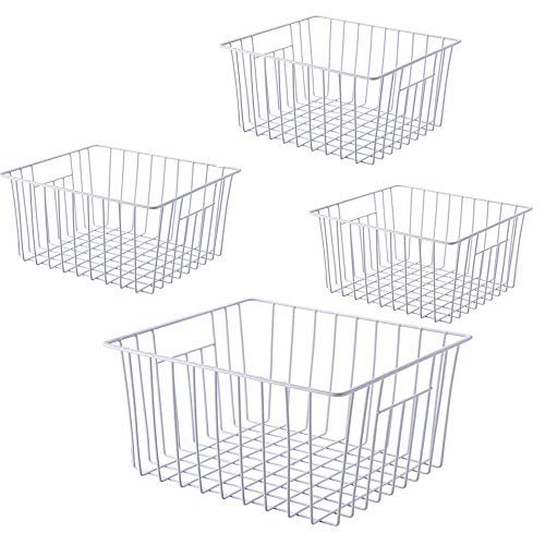 Freezer Wire Baskets, Kitchen Storage Organizer Bins for Chest and Upright Freezer, Refrigerator Dividers Containers with Handles - Pearl White (3)