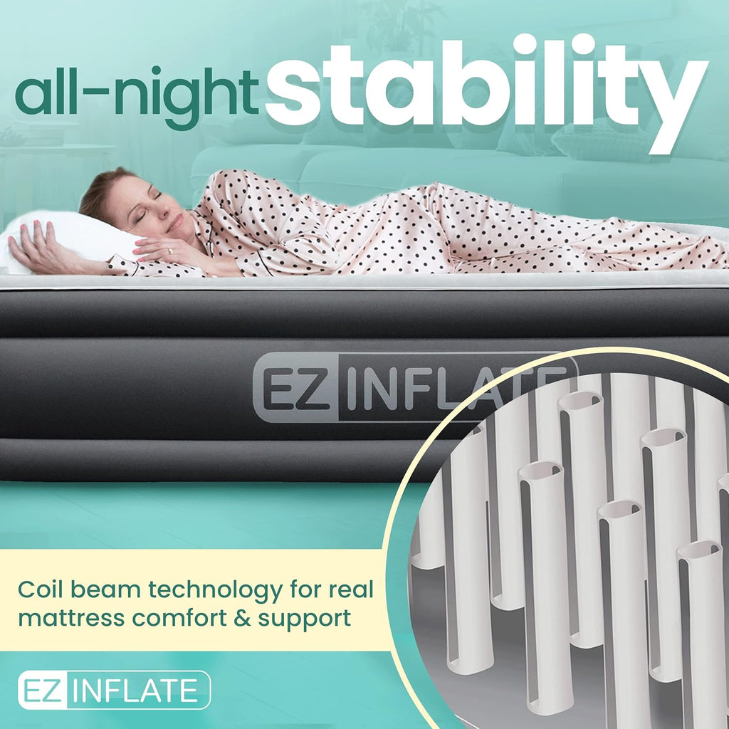 EZ Inflate Air Mattress with Built in Pump - Twin Size Double-High Inflatable Mattress with Flocked Top - Easy Inflate, Waterproof, Portable Blow Up Bed for Camping & Travel
