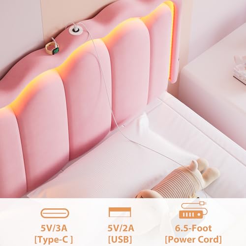 Twin Upholstered LED Bed Frame with Storage Drawer and Adjustable Chic Double Wavy Headboard, Velvet Princess Platform Bed for Kids/Girls, Solid Wood Slats Support, No Box Spring Needed, Beige