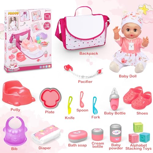 Baby Doll Toys Set, 14 Doll Toys, 25Pcs Dolls Care Toy Playset, Toddlers Toy Doll Set Incl Cradle Crib, High Chair, Milk Bottle, Pacifier, Diaper, Baby Gift for Age 3 4 5 6+ Years Old Girls Boys
