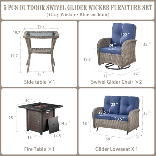 Patio Wicker Chairs Swivel Rocker - Outdoor Swivel Rocking Chairs Set of 2 with Rattan Side Table, Patio Swivel Glider Chair 3 Piece Patio Furniture Sets for Deck Porch Pool Brown/Blue