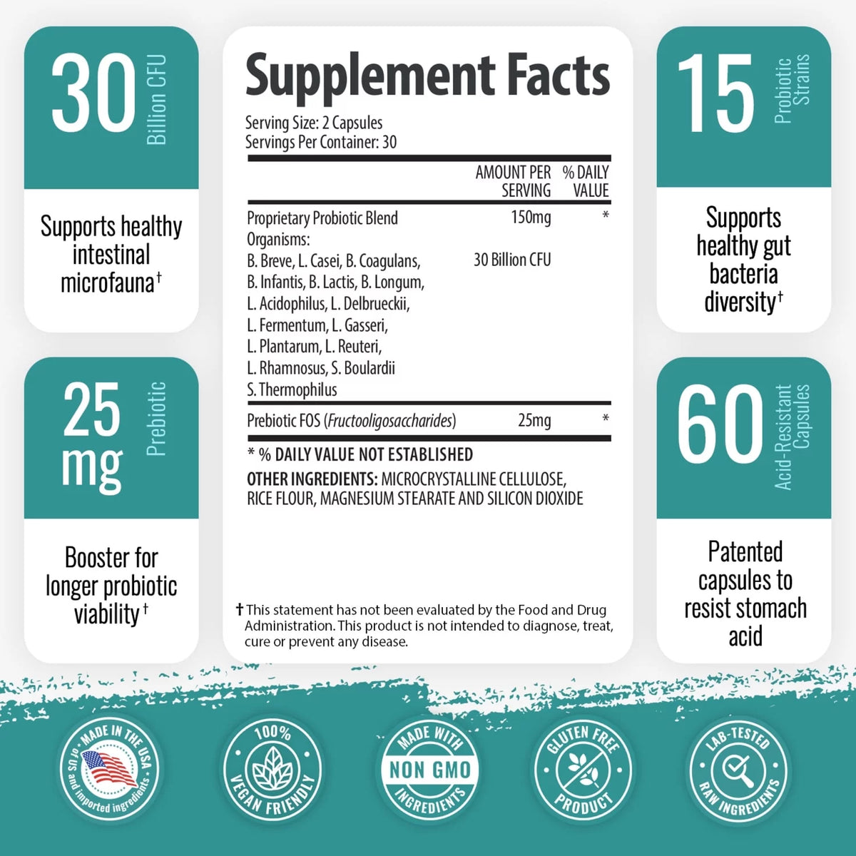 (2 bottles) 1 Body Probiotic 30 Billion CFU Supplement with Prebiotics with 120 Acid Resistant Vegan Capsules to Promote Gut Health & Support Immune System for Men and Women