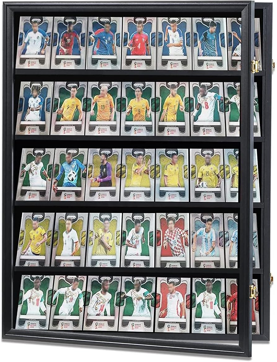 35 Graded Sports Card Display Case - Baseball Card Display Frame with UV Protection Clear View Lockable Wall Cabinet for Basketball Collectible Trading Card Black Finish
