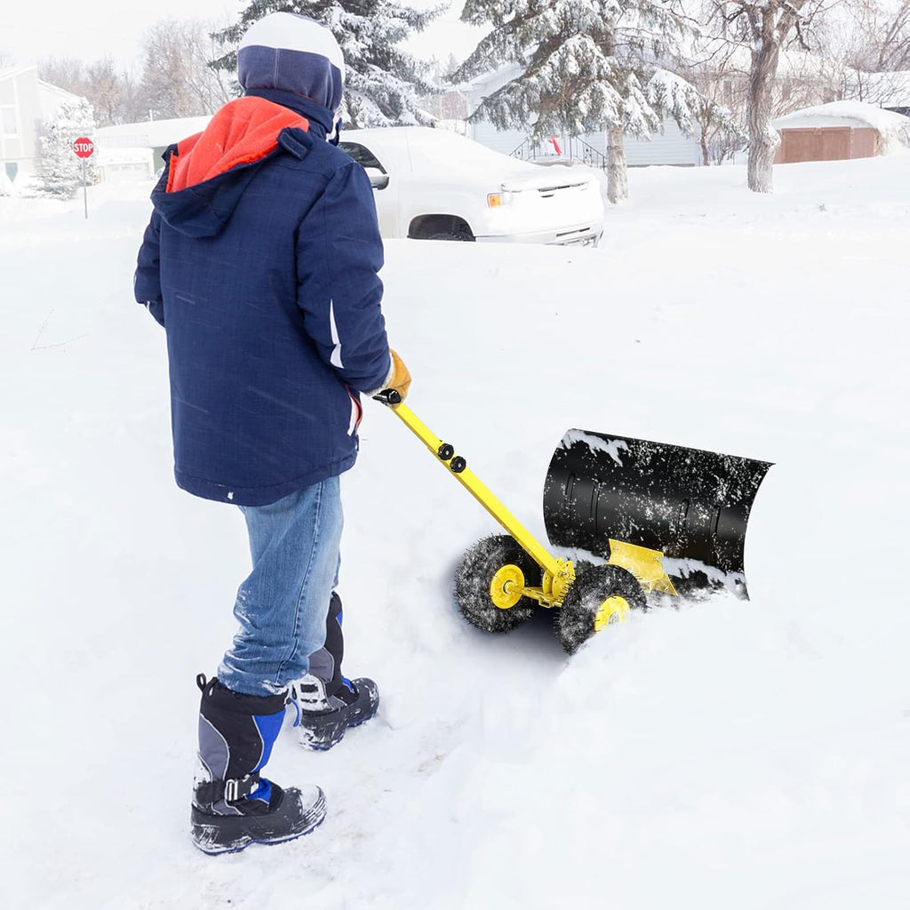 Outvita Snow Shovel with Wheels, 29 Wide 18 Long Snow Plow Shovel Angle & Height Adjustable Padded Handle Efficient Snow Clean Tool for Driveway or Pavement (Yellow)
