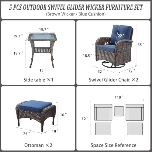 Patio Wicker Chairs Swivel Rocker - Outdoor Swivel Rocking Chairs Set of 2 with Rattan Side Table, Patio Swivel Glider Chair 3 Piece Patio Furniture Sets for Deck Porch Pool Brown/Blue