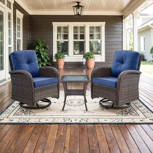 Patio Wicker Chairs Swivel Rocker - Outdoor Swivel Rocking Chairs Set of 2 with Rattan Side Table, Patio Swivel Glider Chair 3 Piece Patio Furniture Sets for Deck Porch Pool Brown/Blue