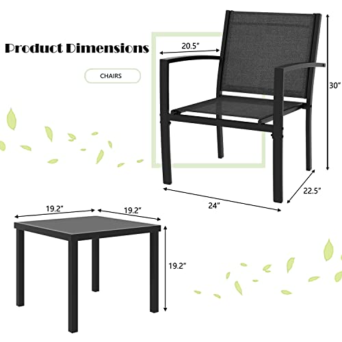 Greesum 4 Pieces Patio Furniture Set, Outdoor Conversation Sets for Patio, Lawn, Garden, Poolside with A Glass Coffee Table, Black