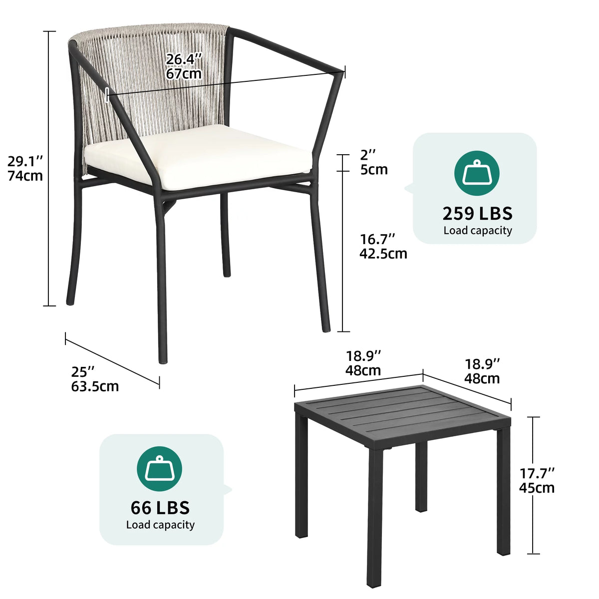 Dextrus 3-Piece Patio Conversation Bistro Set, Outdoor Wicker Dining Table Chairs Set, With 2 Stackable Chairs, Cushions, Side Table - White