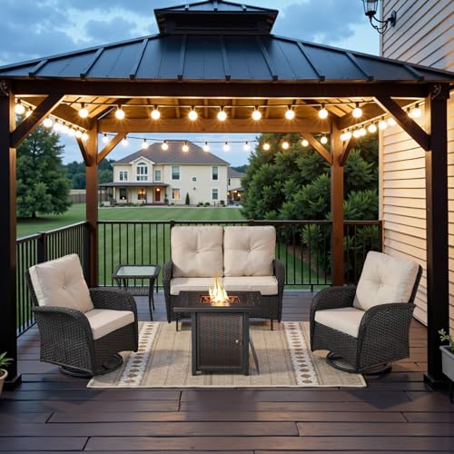 Patio Wicker Chairs Swivel Rocker - Outdoor Swivel Rocking Chairs Set of 2 with Rattan Side Table, Patio Swivel Glider Chair 3 Piece Patio Furniture Sets for Deck Porch Pool Brown/Blue
