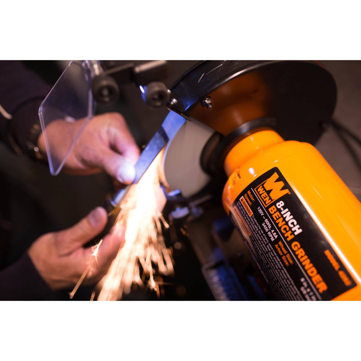 Wen 4282 4.8-Amp 8x22 Bench Grinder with LED Work Lights and Quenching Tray