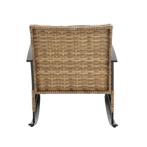 Outdoor Wicker Rocking Chairs Patio - 3 Pieces Patio Furniture Rattan Rocker Chairs Wicker Rocking Bistro Set with Cushions and Side Table for Garden Patio Yard Porch Lawn Balcony (Blue)