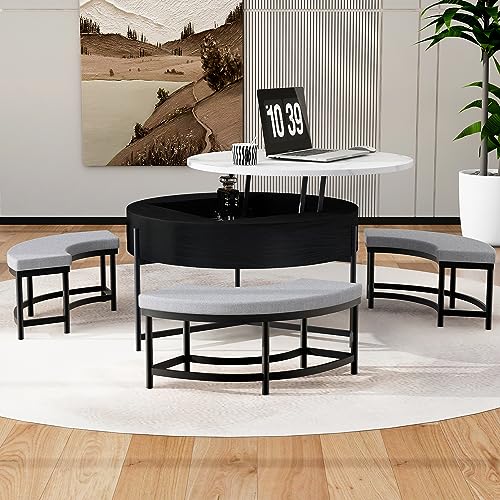 Linique Modern Round Lift-Top Coffee Table with Storage and 3 Ottoman, White + Black