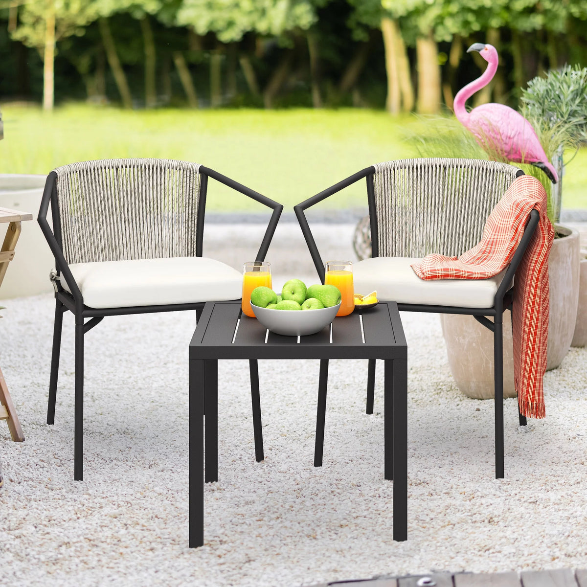 Dextrus 3-Piece Patio Conversation Bistro Set, Outdoor Wicker Dining Table Chairs Set, With 2 Stackable Chairs, Cushions, Side Table - White