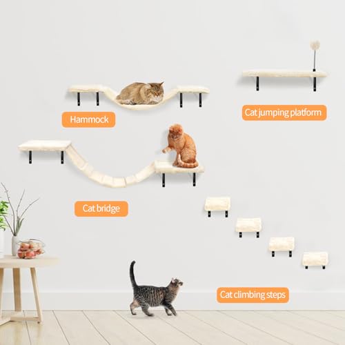 Wall-Mounted Cat Climber Set with Climbing Shelves, Perches, Bridge,Hammock,Scratching Board & Ball - 7 Pcs Wood Indoor Cat Furniture for Kittens Play (Beige)