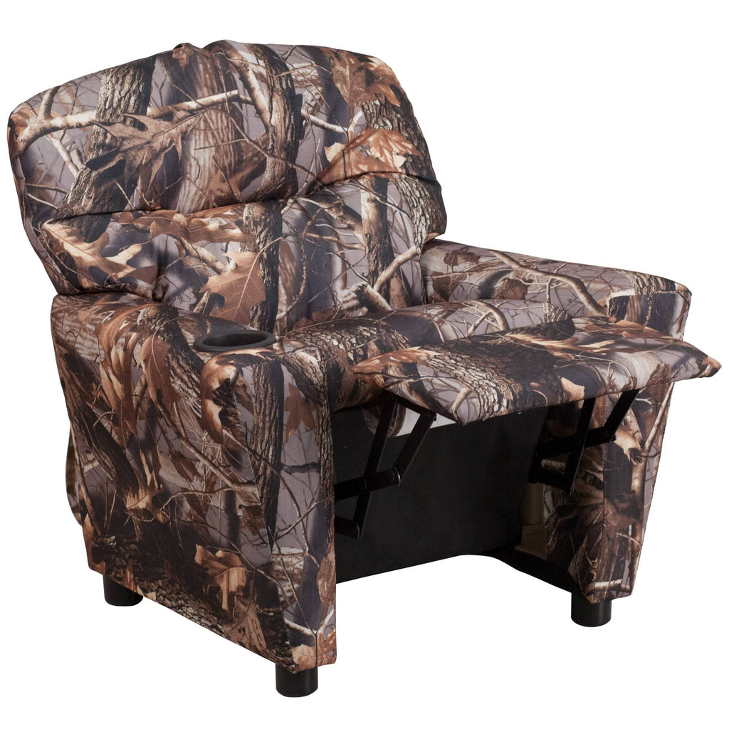 Emma and Oliver Camouflaged Fabric Kids Recliner with Cup Holder