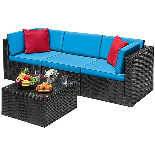 Devoko Patio Furniture Sets 6 Pieces Outdoor Sectional Rattan Sofa Manual Weaving Wicker Patio Conversation Set with Glass Table and Cushion (Beige)