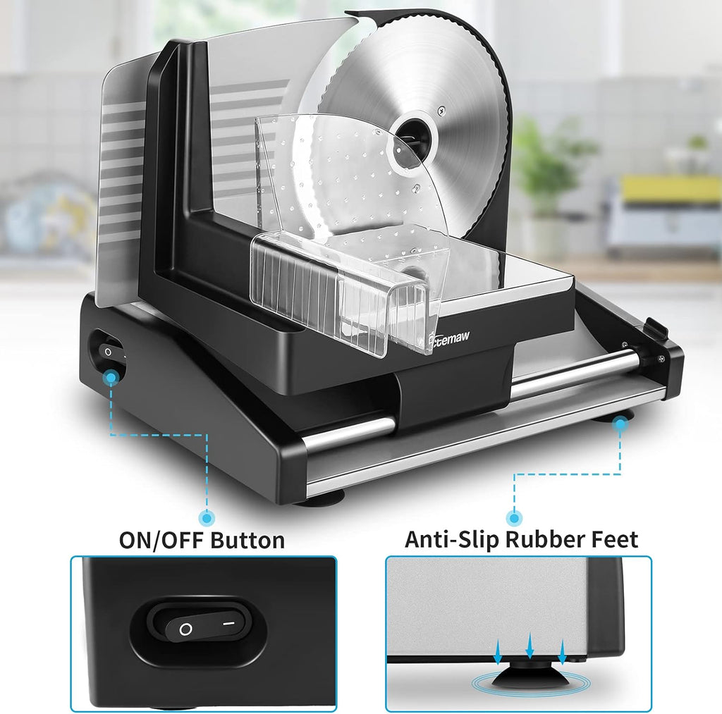 Meat Slicer, 7.5 Electric Deli Food Slicer with 2 Removable Stainless Steel Blades, Adjustable Thickness Meat Slicer for Home Use, Cuts Frozen Meat, Cheese, Bread, Vegetables, Easy to Clean, Black