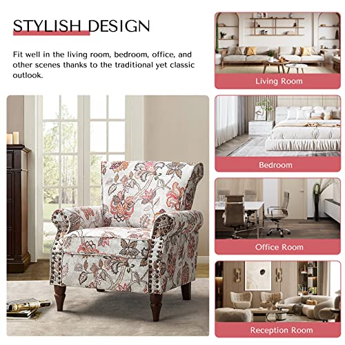 HULALA HOME Modern Wingback Accent Chair with Wood Legs & Removable Cushion, Comfy Upholstered Armchair with Nailhead Trim, Floral Pattern Single Sofa Chair for Living Room Bedroom, Blue