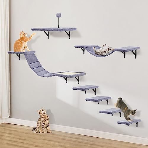 Wall-Mounted Cat Climber Set with Climbing Shelves, Perches, Bridge,Hammock,Scratching Board & Ball - 7 Pcs Wood Indoor Cat Furniture for Kittens Play (Beige)