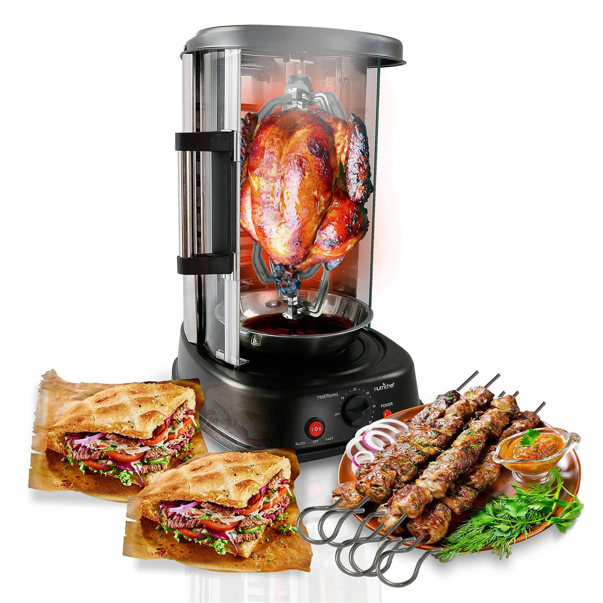 Nutrichef Vertical Rotisserie Oven - Rotating Kebob Cooker, Black
