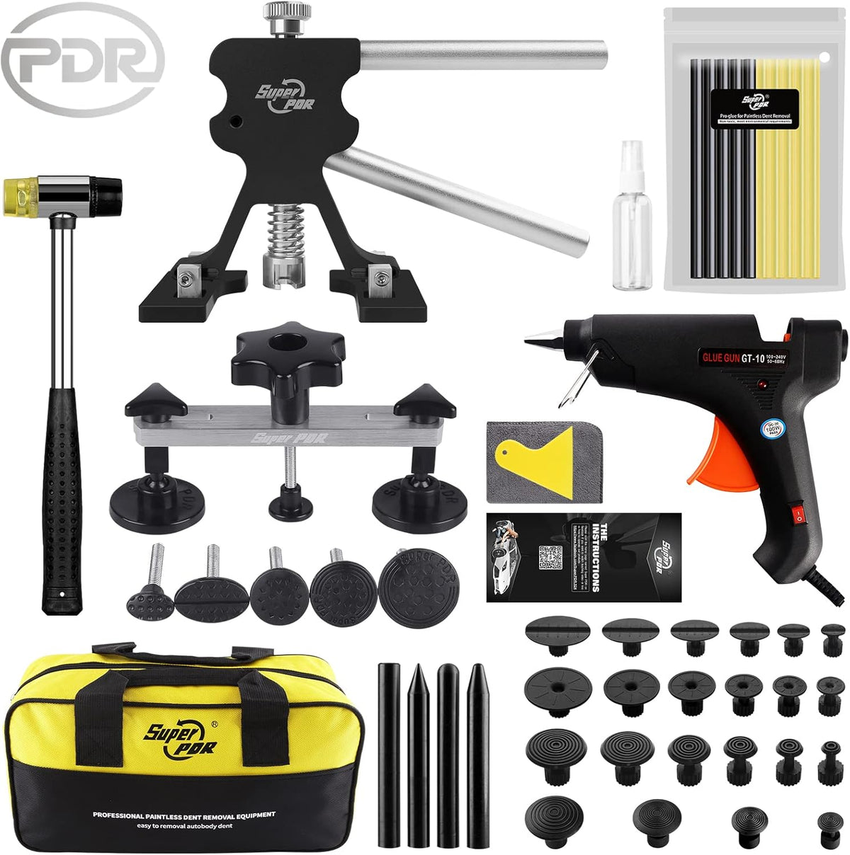 Super PDR Paintless Dent Repair Kit, Black Dent Remover Tool Auto Body Dent Removal Kit with Double Pole Bridge Dent Puller for Auto Body Tools