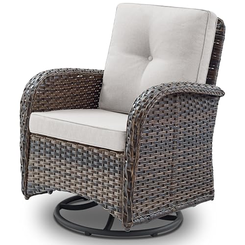 Patio Wicker Chairs Swivel Rocker - Outdoor Swivel Rocking Chairs Set of 2 with Rattan Side Table, Patio Swivel Glider Chair 3 Piece Patio Furniture Sets for Deck Porch Pool Brown/Blue
