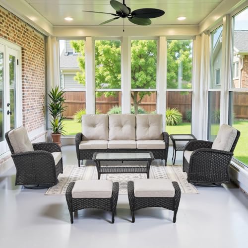 Patio Wicker Chairs Swivel Rocker - Outdoor Swivel Rocking Chairs Set of 2 with Rattan Side Table, Patio Swivel Glider Chair 3 Piece Patio Furniture Sets for Deck Porch Pool Brown/Blue