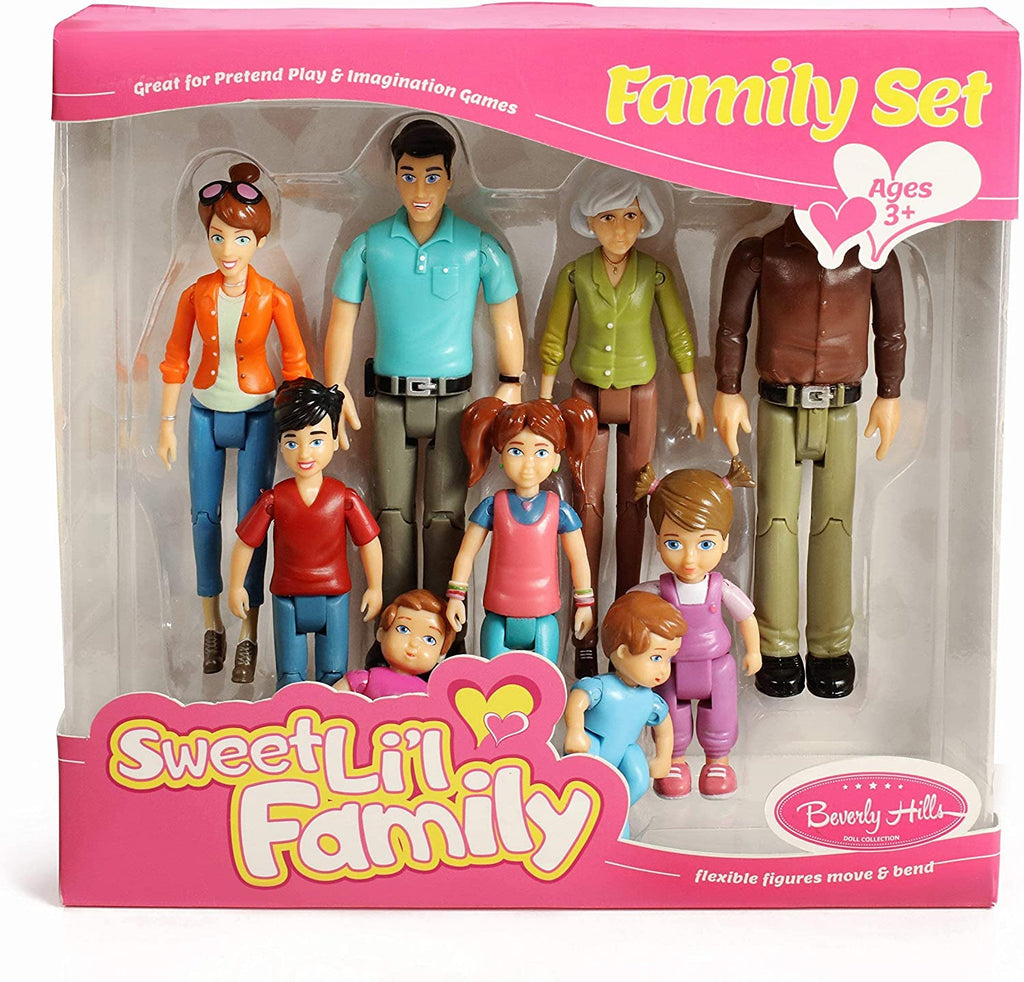 Sweet Li'l Family Dollhouse People Set of 9 Action Figure Set - Grandpa, Grandma, Mom, Dad, Sister, Brother, Toddler, Twin Boy & Girl