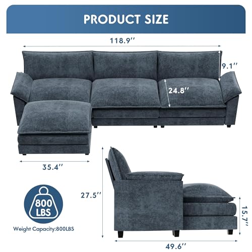 YESHOMY Sectional Modular Sofa U Shaped Chenille Fabric Couch with High Supportive & Soft Sponges and Removable Ottoman, Sleeper Comfy Upholstered Furniture for Living Room, Grey