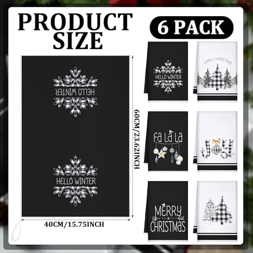 Geyoga 6 Pcs Merry Christmas Kitchen Towels Buffalo Plaid Xmas Tree Dish Towels Hand Towel Tea Towel Absorbent Soft Drying Cloth for Holiday Housewarming Gifts, 16x24 Inch(Gray White)
