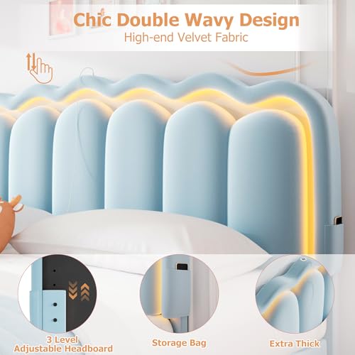 Twin Upholstered LED Bed Frame with Storage Drawer and Adjustable Chic Double Wavy Headboard, Velvet Princess Platform Bed for Kids/Girls, Solid Wood Slats Support, No Box Spring Needed, Beige
