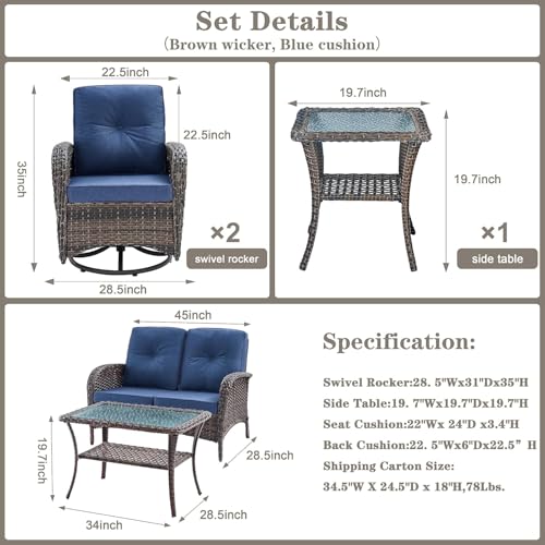 Patio Wicker Chairs Swivel Rocker - Outdoor Swivel Rocking Chairs Set of 2 with Rattan Side Table, Patio Swivel Glider Chair 3 Piece Patio Furniture Sets for Deck Porch Pool Brown/Blue