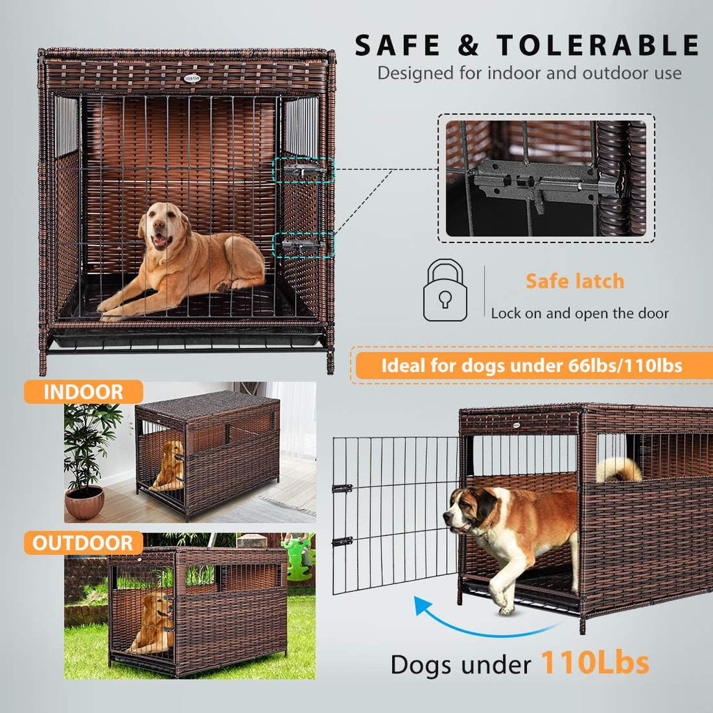 DEStar Heavy Duty PE Rattan Wicker Pet Dog Cage Crate Indoor Outdoor Puppy House Shelter with Removable Tray and UV Resistant Cover