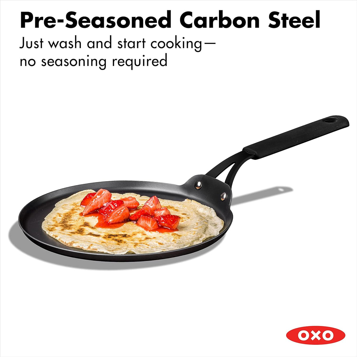 OXO Obsidian Pre-Seasoned Carbon Steel, 12 Wok Pan with Removable Silicone Handle Holder, Induction, Oven Safe, Black