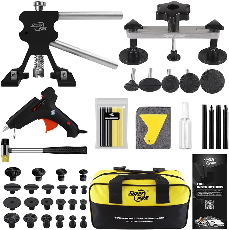 Super PDR Paintless Dent Repair Kit, Black Dent Remover Tool Auto Body Dent Removal Kit with Double Pole Bridge Dent Puller for Auto Body Tools