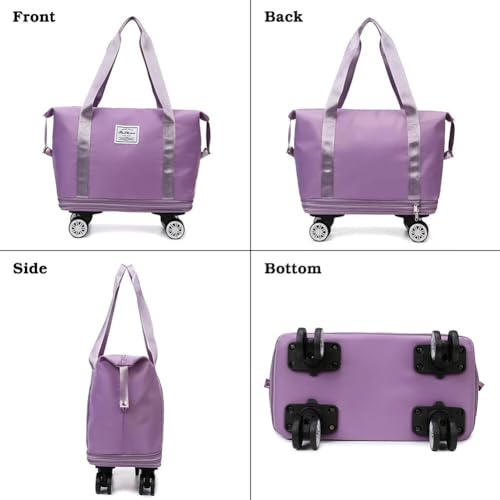 Rolling Duffle Bag with Wheels and Handle Foldable Travel Bag Expandable Carry on Bag with Detachable Casters Wheeled Weekender Bag for Women & Men - Purple