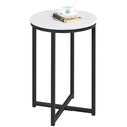 Yaheetech Faux Marble Side Table, 16in End Table Modern Accent Sofa Table w/X-Based, Round Tabletop, Sturdy Metal Legs for Living Room, Black