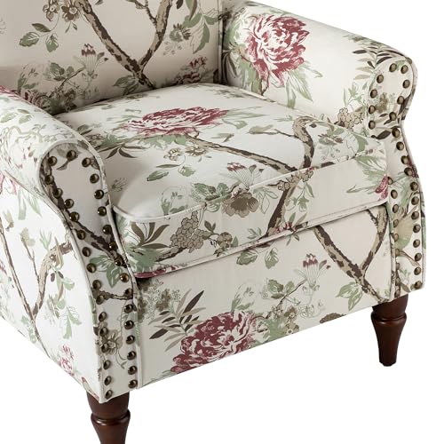 HULALA HOME Modern Wingback Accent Chair with Wood Legs & Removable Cushion, Comfy Upholstered Armchair with Nailhead Trim, Floral Pattern Single Sofa Chair for Living Room Bedroom, Blue