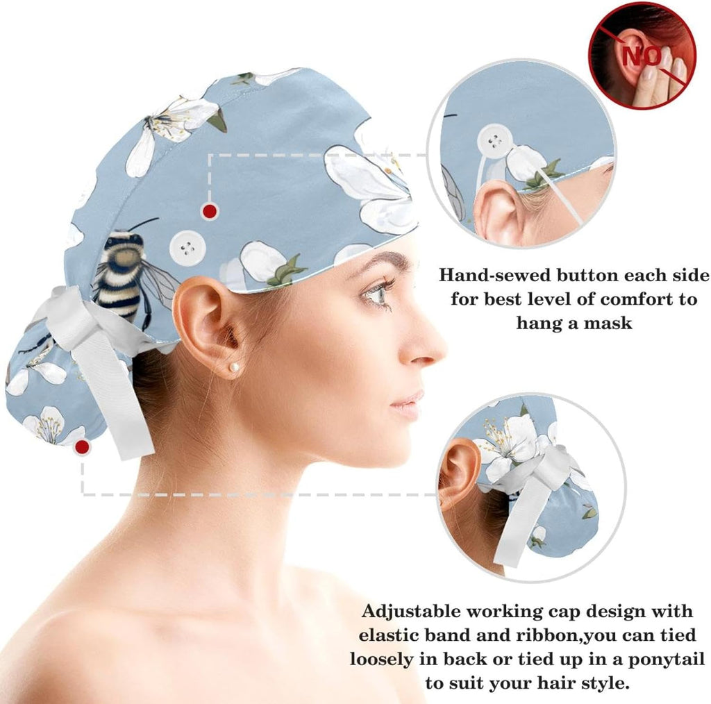 Scrub Surgical Hat,Cycling Hat with Buttons and Cotton Sweatband,Bee and Spring Blossom