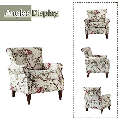 HULALA HOME Modern Wingback Accent Chair with Wood Legs & Removable Cushion, Comfy Upholstered Armchair with Nailhead Trim, Floral Pattern Single Sofa Chair for Living Room Bedroom, Blue