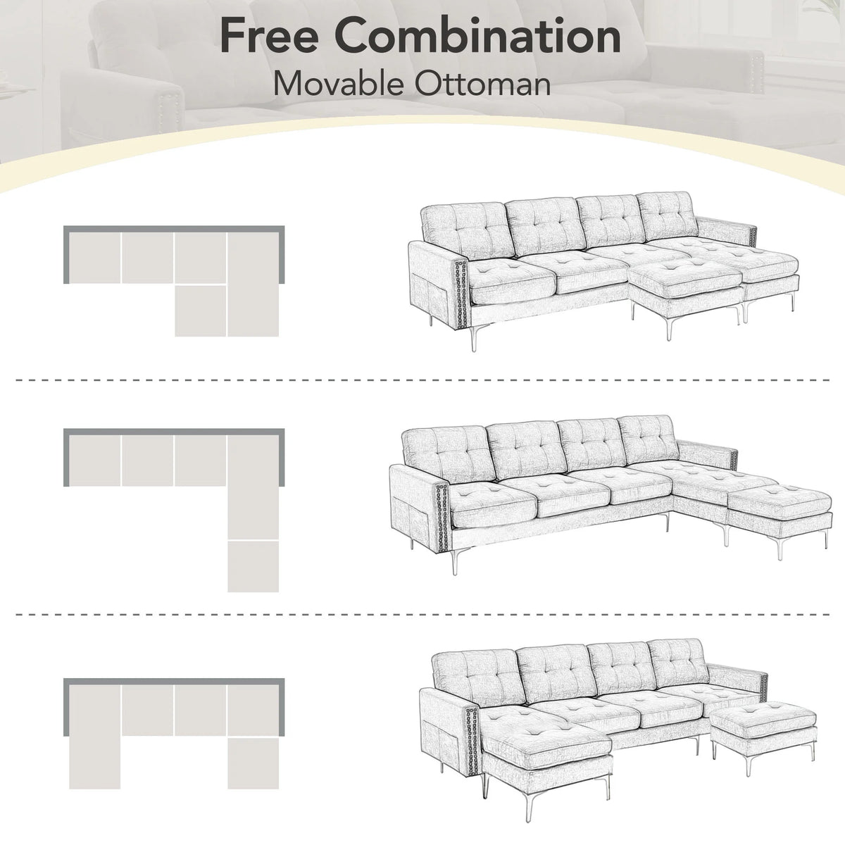 Soges U-Shaped Sectional Sofa with Ottoman, Convertible Couch for Living Room, 5 Seater Sofa, Gray, 110x54