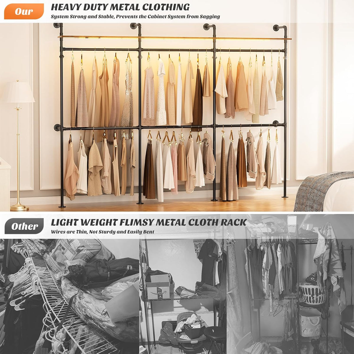 Aheaplus Industrial Pipe Clothing Rack, Reversible 79.7” Clothes Rack for Hanging Clothes, Heavy Duty Garment Racks Closet Wardrobe with LED Lights& Shelves, Walk-in Closet System, Black