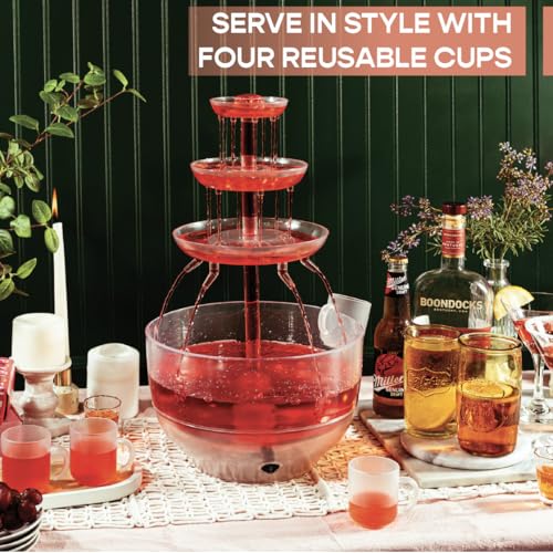 Kusini Drink Fountain for Parties - 1.5 Gal, 3 Tier Punch Bowl Champagne Tower, LED Base, 4 Reusable Cups - Drink Tower Machine for Soda, Juice, Mimosa, Pani Puri Fountain for Party Hosting Supplies