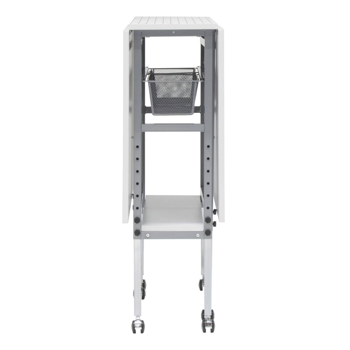 Sew Ready Mobile Folding Height Adjustable Quilting Fabric Cutting Table with Sewing Board Grid and Storage in Silver/White Top