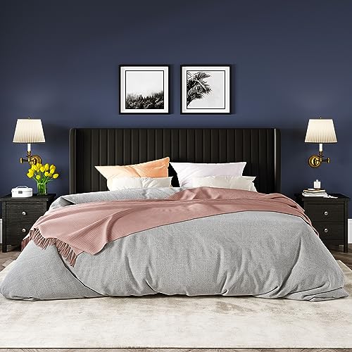 Allewie Queen Size Velvet Bed Frame/Vertical Channel Tufted Wingback Headboard/Upholstered Platform Bed/Strong Wooden Slats/No Box Spring Needed/Easy Assembly/Black